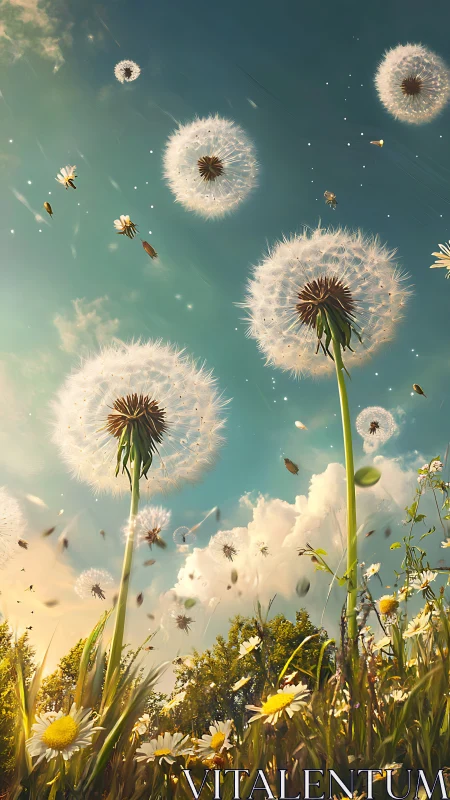 Dandelion seeds drift across sunlit sky over wild meadow.