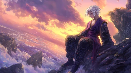 Quiet warrior resting above a glowing sunset sea.