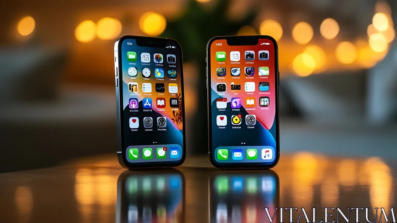 Two modern smartphones stand upright on reflective table surface