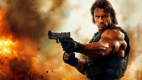 Action gunman aims pistol amid high-intensity explosive fireball