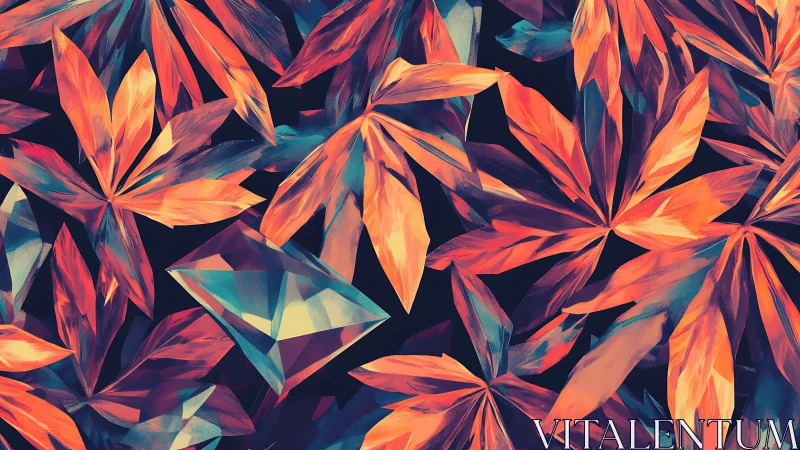 Geometric crystal forms shimmer amid fiery abstract leaves.