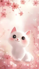 Adorable White Kitten Surrounded by Delicate Pink Flowers