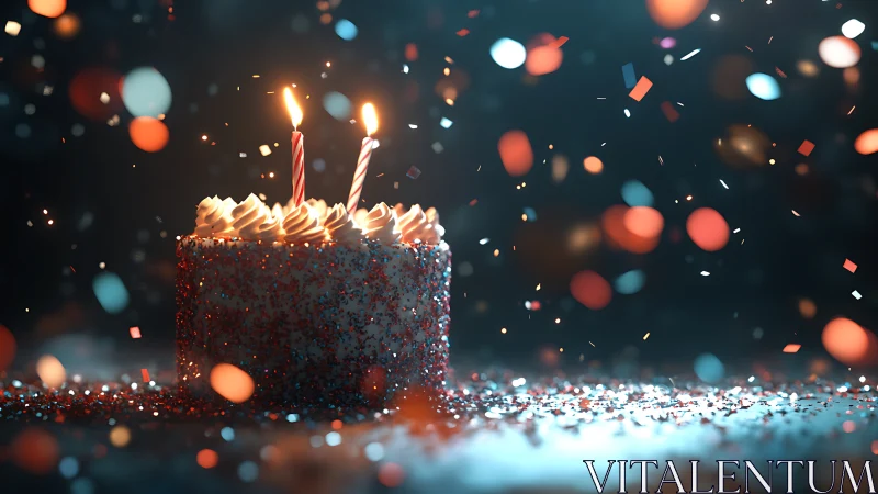 Luminous Birthday Cake with Lit Candles Amid Bokeh Particle Effects.