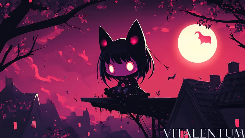 Gothic chibi cat girl sits above rooftops under full moon