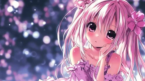 Soft-lit anime girl rests in dreamy pastel bokeh glow