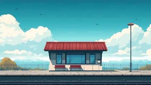 Minimalist rural train shelter in stylized digital painting.