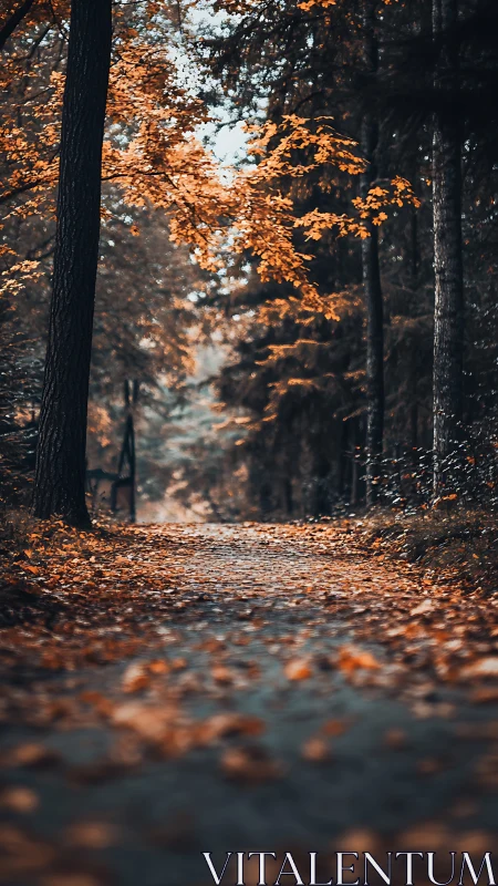 Forest path in autumn with golden foliage and dark tree trunks.