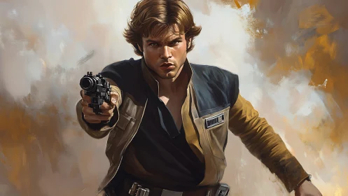 Gun-wielding sci-fi hero in dynamic painted action pose.