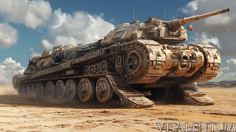 Futuristic desert heavy tank vehicle on arid landscape.