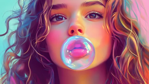 Vibrant neon portrait with bubblegum highlight and curls.