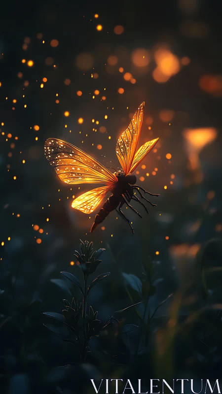 Luminous firefly ascending through glowing dusk embers.