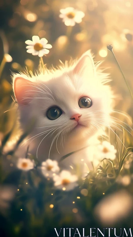 Luminous White Kitten Among Golden Daisies.