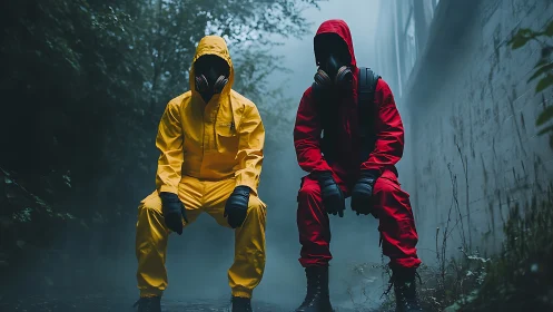 Binaural hazmat dyad in fog-dense urban ravine corridor.