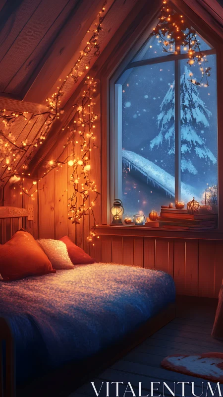 Cozy winter attic bedroom glowing with gentle candlelight.