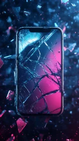 Fractured smartphone glass in neon bicolor illumination field.