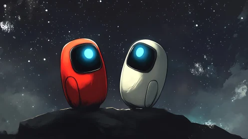 Stargazing robot duo trade quiet dreams beneath cosmic hush.