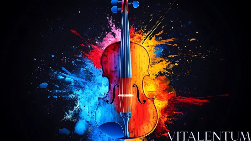 Violin stands centered against mirrored blue and orange paint bursts