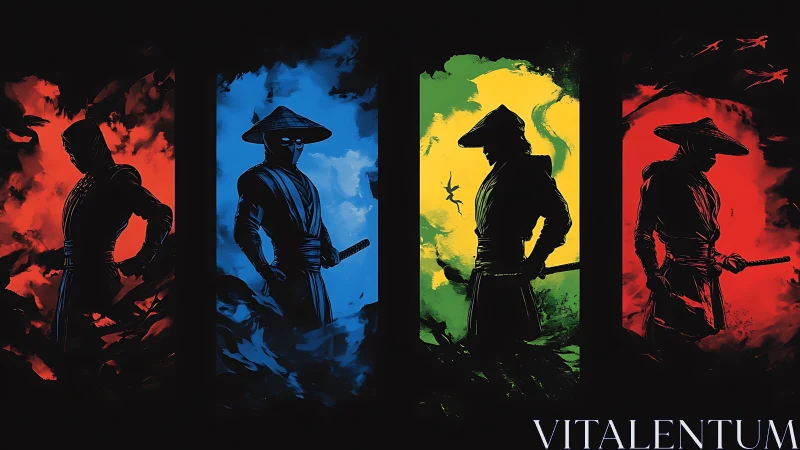 Digital painting quadriptych of silhouetted samurai warriors.