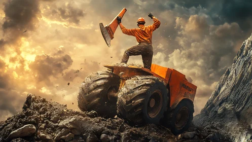 Construction worker celebrates victory atop orange hauler.