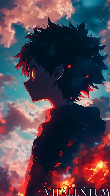 Anime silhouette with luminous sky and fiery cloaked profile.