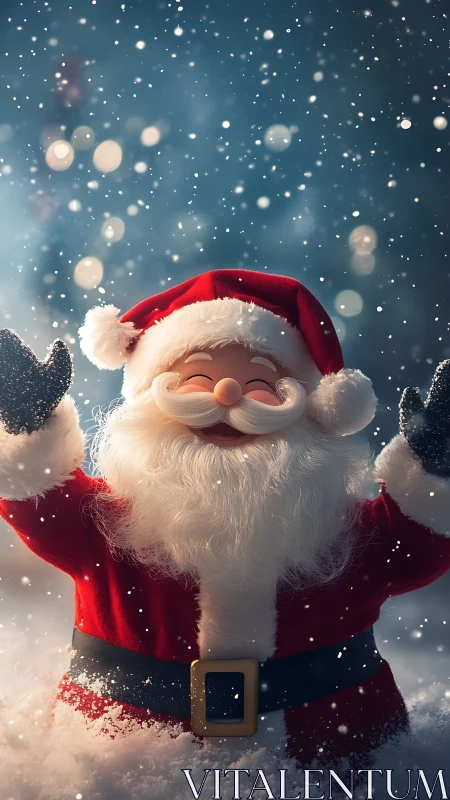 Jolly Santa in falling snow, glowing with cozy cheer.