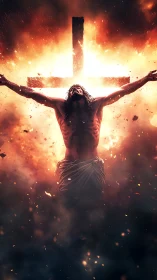 Crucified figure silhouetted by blazing fiery cross light.