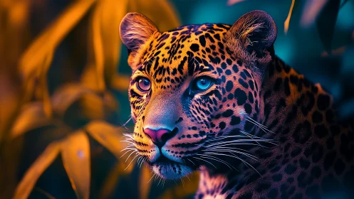 Leopard's Glare Pierces Through Neon Dreams and Amber Shadows