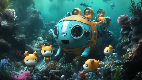 Subsea exploration pod with chibi crew in coral habitat.