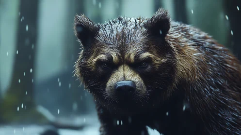 Rain-slick forest guardian bear locking stormy gaze.