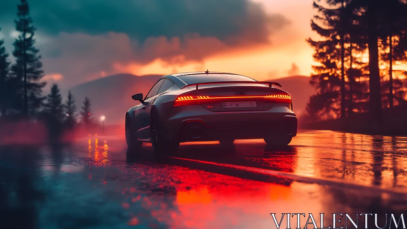 Sleek sports car glows against a rainy mountain sunset road
