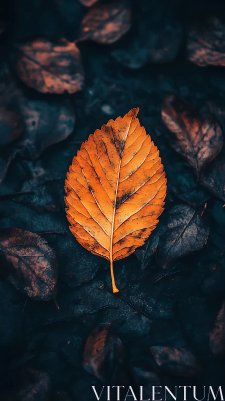 Golden autumn leaf on dark forest floor in macro focus.