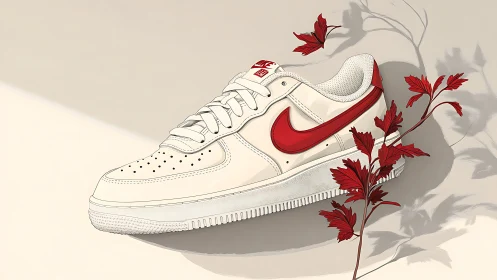 Creamy sneaker daydream with bold red swoosh and leaves.