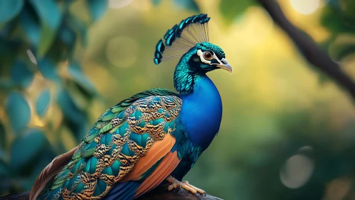 Vibrant peacock portrait in lush nature, detailed and vivid style.