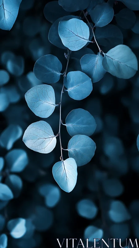 Vertical close-up shows blue-toned leaves in shallow focus