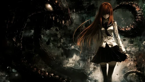 Solitary student beside large serpentine creature in ruins.