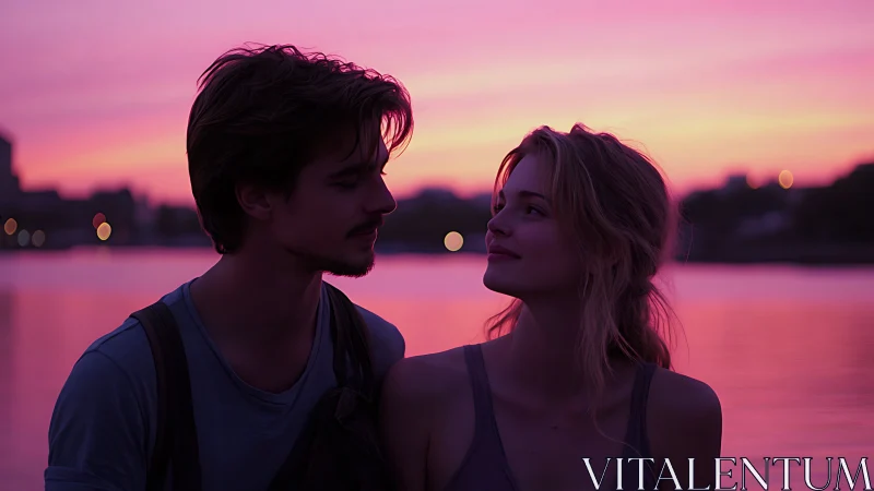 Two young adults facing each other at waterside during vibrant pink sunset