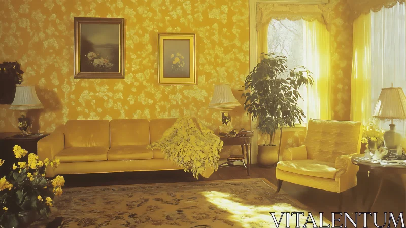 Sunny vintage living room glowing with golden comfort.