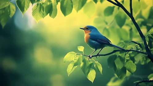 Vibrant Songbird on Leafy Branch in Soft-Focus Nature Scene.