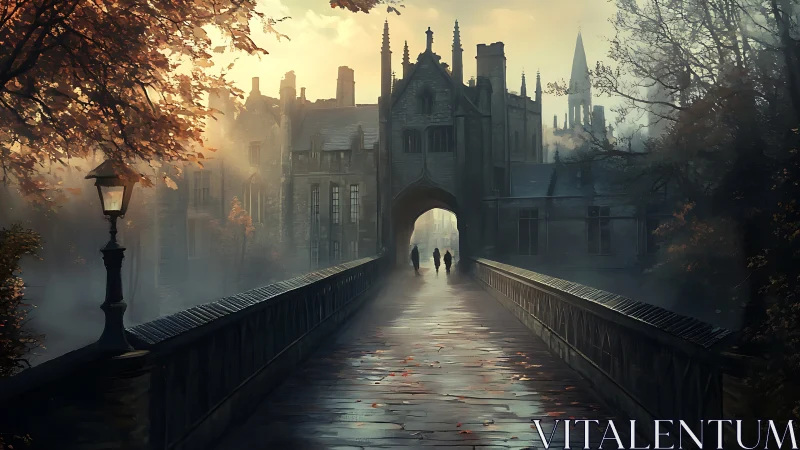 Autumn mist over a quiet bridge to a storybook college.