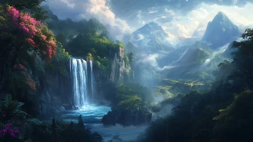 Emerald cascades and mythic mountains in dreamlit valley.