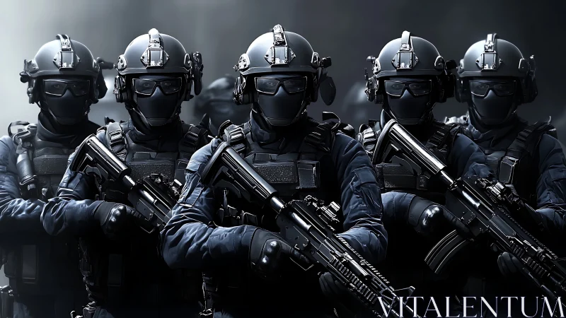 Heavily armed tactical squad lined in dark combat gear.