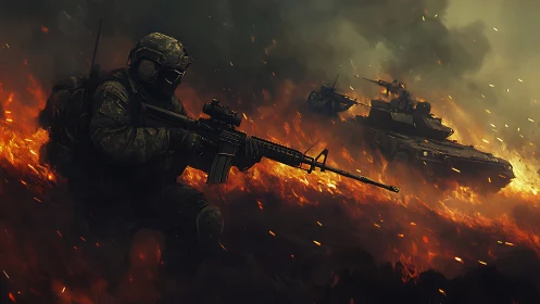 Soldier in Combat Amid Explosive Battlefield Fires