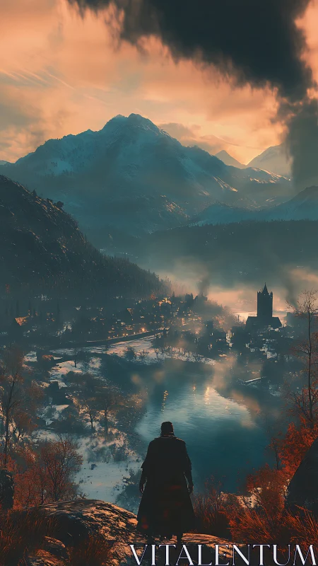 Cloaked figure overlooks snowy valley village at sunset