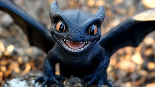 Cute black baby dragon with wide eyes and open wings.