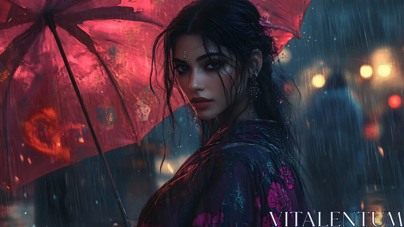 Woman under red umbrella in neon lit rainy street scene.