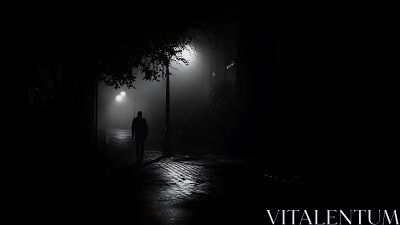 Noir street silhouette under mist-laced urban lamplight.