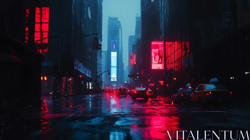 Neon-lit rainy avenue renders cinematic cyber-noir cityscape