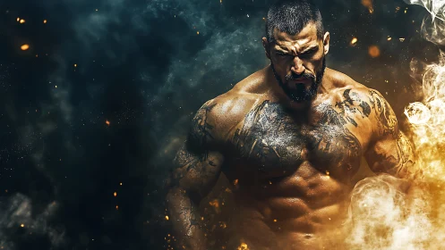 Hyperreal muscular fighter emerges through volumetric smoke and fire