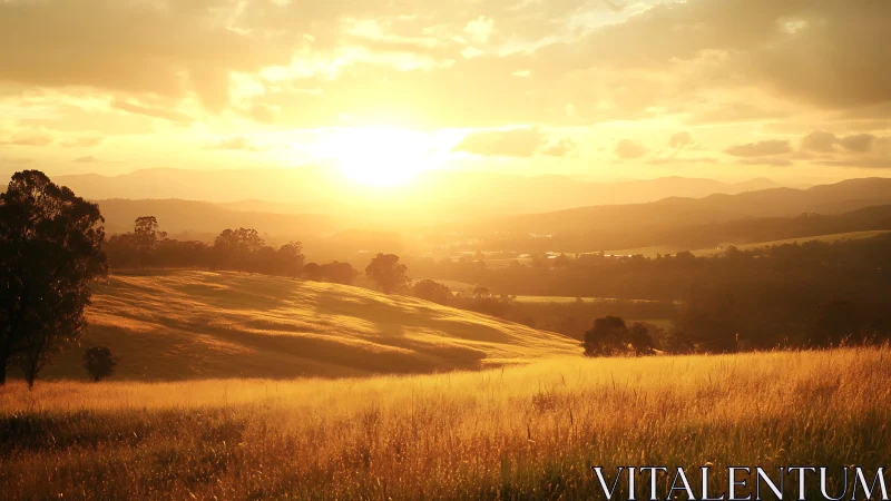 Backlit rural hills under intense golden hour solar flare