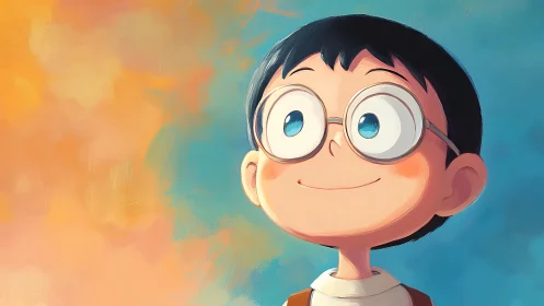 Bright-eyed dreamer boy against sunrise-sky swirl.